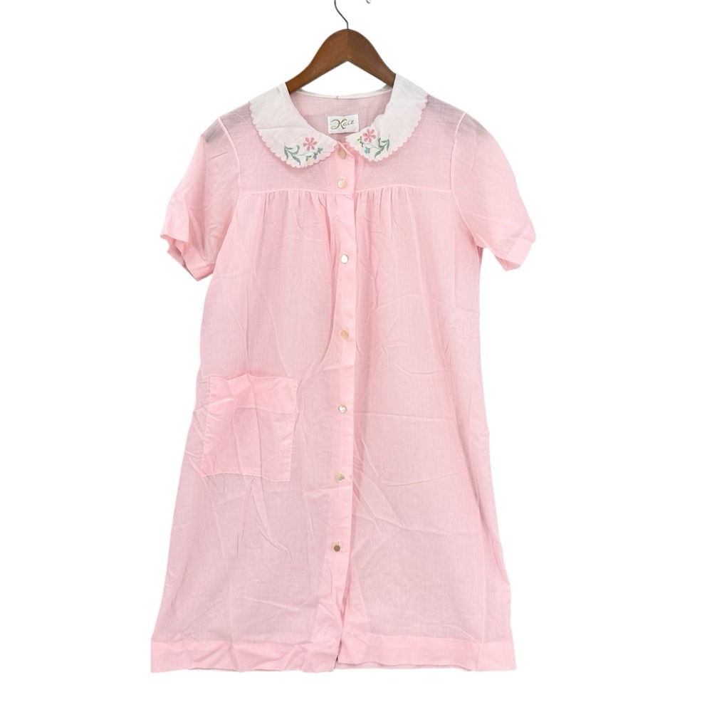 KATZ Vintage 70s Sheer Night Gown Lace Trim Buttons Flowers Pink